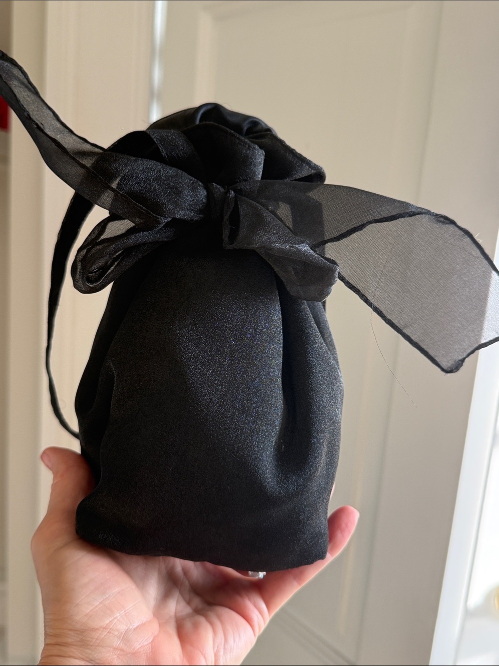Black Satin Drawstring Pouch with Organza Bow